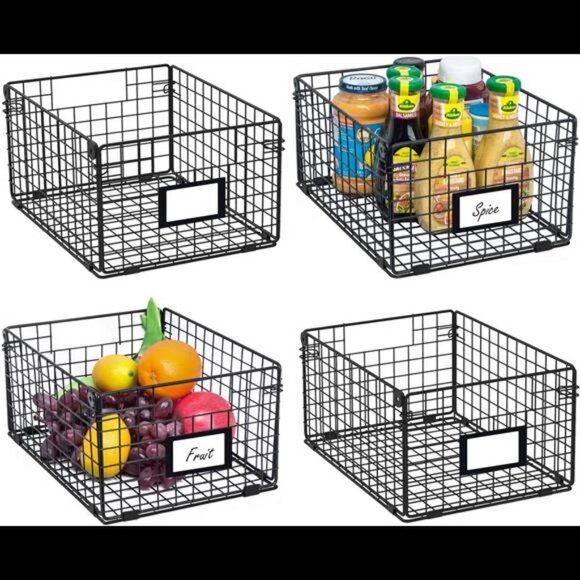 Foldable Cabinet Wall Mount Metal Wire Basket Organizer Pantry Basket w/ Handles